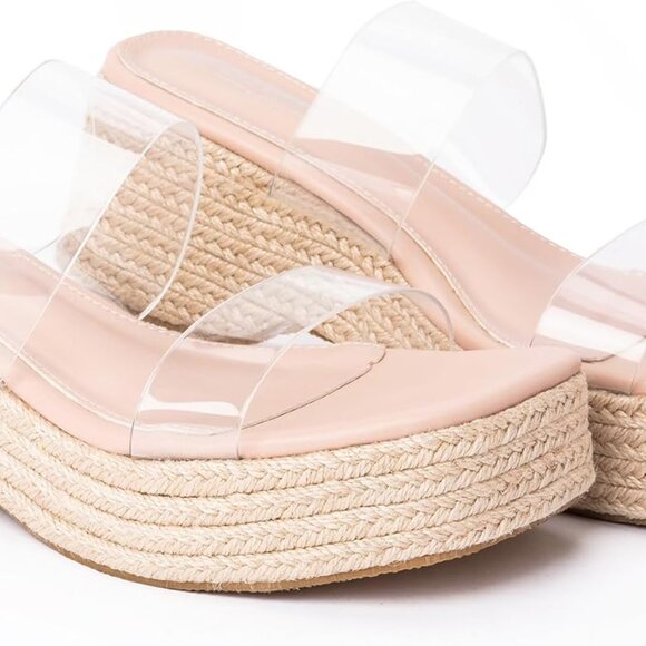 Women Slip On Espadrille Sandals Nude Size 8 Clear Strap Cushioned Wedges - Picture 1 of 8